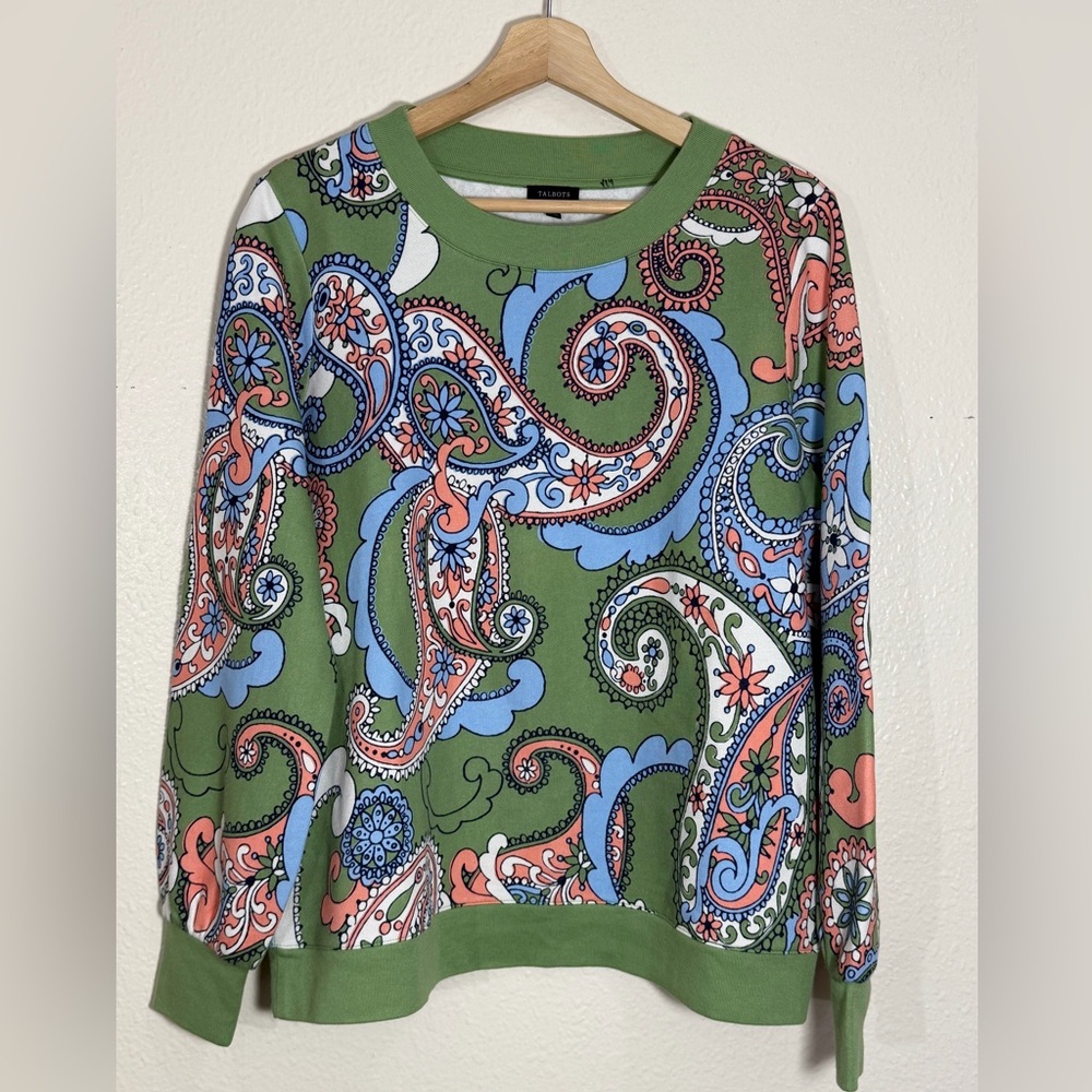 Talbots Paisley Crewneck Cotton Blend Sweatshirt Green Vibrant Sweater Medium - Picture 2 of 7